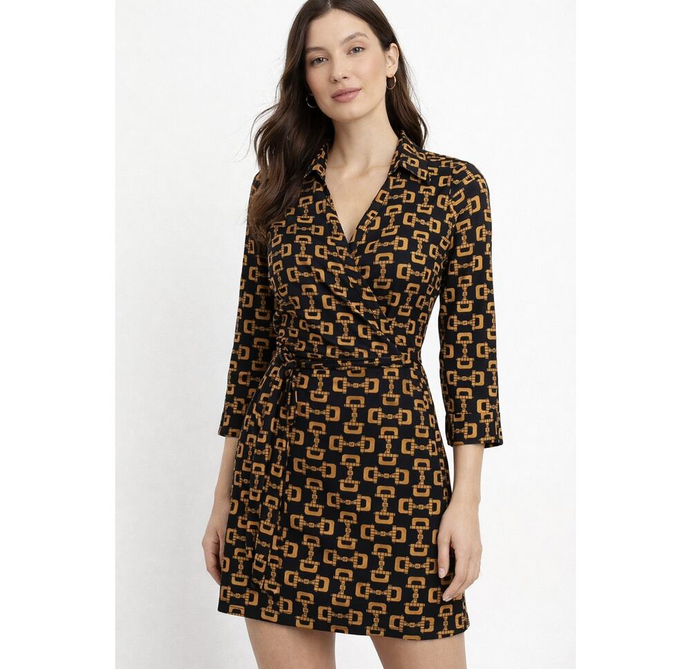 Julie Brown Mini Wrap Dress 3/4 Sleeve Black Horsebit Womens Size Small Buckle